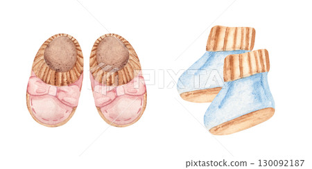 Baby Shoes Set for Boy and Girl. Hand drawn watercolor illustration of Booties for Kids isolated on a white background. Cute Infant footwear clipart for invitations, Gender party, Baby shower Baby Shoes Set for Boy and Girl. Hand drawn watercolor illustration of Booties for Kids isolated on a white background. Cute Infant footwear clipart for invitations, Gender party, Baby shower 130092187