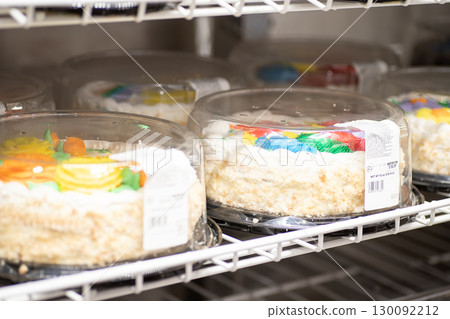 Colorful decorated cakes lined up in supermarkets overseas Colorful decorated cakes lined up in supermarkets overseas 130092212