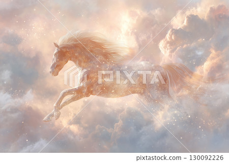 Fantasy art of a golden horse galloping through the clouds, enveloped in light 130092226