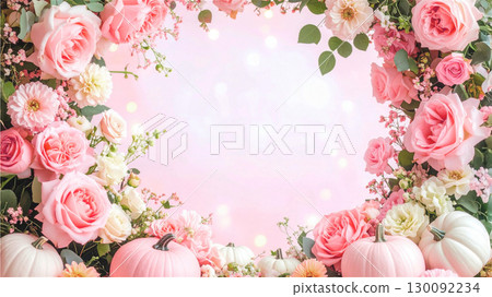 Halloween pastel pink flower and white pumpkin frame 130092234