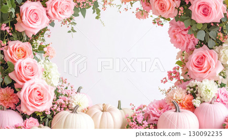 萬聖節淡粉色花與白色南瓜框 130092235