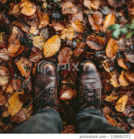 秋靴在森林落葉上行走 130092272