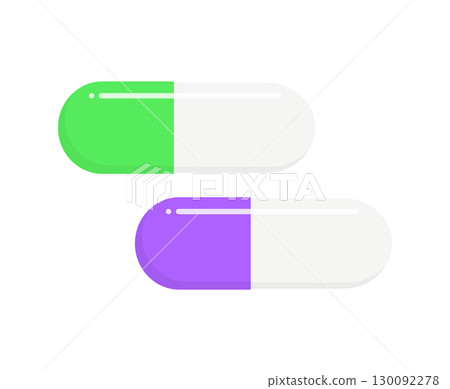 Illustration of a capsule in vibrant green and purple colors - simple image of medicine, supplements, drugs, medical treatment, and therapy 130092278