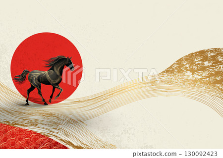 描繪一匹迎著太陽奔跑的馬的日式設計藝術 130092423
