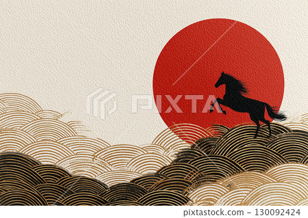 Japanese-style design art depicting a horse running against the sun Japanese-style design art depicting a horse running against the sun 130092424