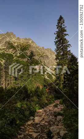 Hiking trail leading to majestic rysy peak in the high tatras mountains 130092782