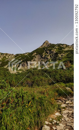 Hiking trail leading to rysy mountain in the high tatras, slovakia Hiking trail leading to rysy mountain in the high tatras, slovakia 130092792