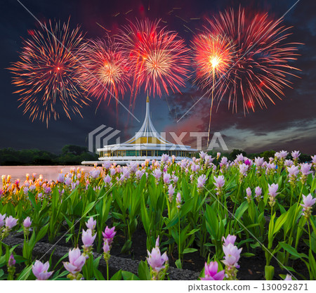 Field of Siam tulip, Beautiful building with reflex on the lagoon againt twilight sky and fireworks background in public park, Suanluang Rama 9, Thailand. 130092871