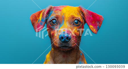 Studio portrait of adorable brown dog enjoying holi festival, covered in vibrant gulal powder against blue backdrop copy space banner 130093039