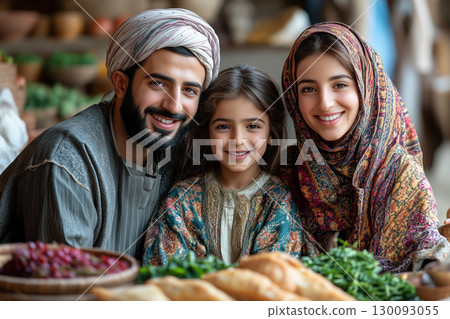 Smiling muslim family celebrating persian new year, sharing traditional dishes and cultural warmth during festive family gathering 130093055