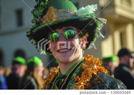 Celebrate St Patrick's Day with lively parade performers in festive attire 130093084