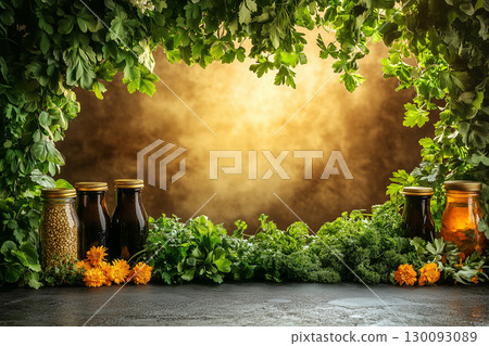Various herbal tinctures and fresh herbs create a vibrant frame around a warm, inviting backdrop, ideal for adding text or other design elements copy space 130093089