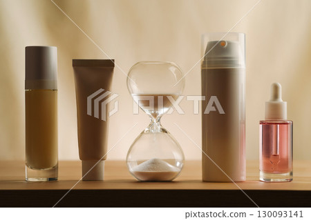 A modern still life featuring skincare products with an hourglass, embodying timeless beauty and minimalism. A focus on creativity and elegance in self-care displayed on a serene, neutral backdrop. 130093141