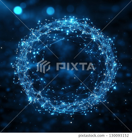 Glowing plexus sphere rotating on dark blue bokeh background, visualization of digital data and futuristic technology 130093152