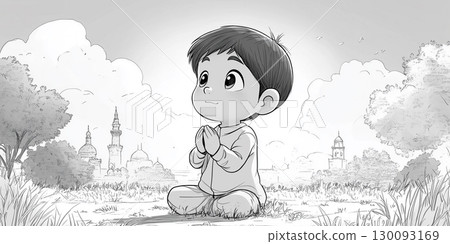 Black and white drawing of a young muslim boy praying outdoors in a peaceful setting with mosques in the background, celebrating eid al fitr coloring page Uraza Bayram 130093169
