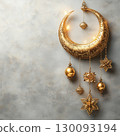 Golden crescent moon glittering with celestial motifs, illuminating textured backdrop, representing spiritual essence of eid al fitr festivity copy space Uraza Bayram 130093194