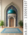 Elegant interior with a mosque dome and vibrant Eid floral patterns 130093197