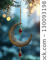 Decorative crescent moon ornament for Eid with natural seasonal backdrop 130093198