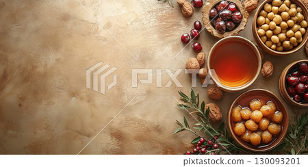 Delightful traditional Eid dishes for festive gatherings and celebrations copy space, banner Delightful traditional Eid dishes for festive gatherings and celebrations copy space, banner 130093201