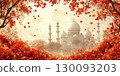 Pristine white mosque adorned with minarets, framed by crimson autumn leaves during festive eid al fitr moments, highlighting architectural beauty Uraza Bayram 130093203