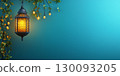 Bright lantern illuminating a tranquil blue background for festive celebrations copy space, banner 130093205