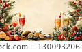 Colorful beverages, ripe fruits, green foliage composing festive eid al fitr scene with spacious central area for text copy space Uraza Bayram 130093206