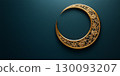 Ornate golden crescent moon adorning dark background, featuring intricate floral design celebrating eid al fitr festival copy space Uraza Bayram 130093207