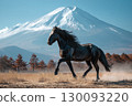 以富士山為背景，一匹黑馬奔騰的雄壯場景 130093220