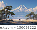 以富士山為背景，一匹黑馬奔騰的雄壯場景 130093222