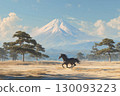 以富士山為背景，一匹黑馬奔騰的雄壯場景 130093223
