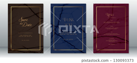Marble Wedding Invitation Set with Gold Frame in Brown, Navy, and Burgundy 130093373