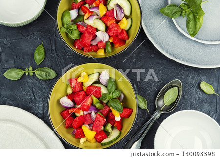 Watermelon salad with bell pepper, cucumber Watermelon salad with bell pepper, cucumber 130093398