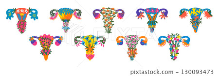 Healthy Female Reproductive System with Bright Flowers and Plant Vector Set Healthy Female Reproductive System with Bright Flowers and Plant Vector Set 130093473