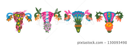 Healthy Female Reproductive System with Bright Flowers and Plant Vector Set 130093498