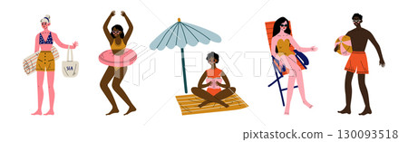 People Character on Beach in Summer Enjoy Outdoor Activity Vector Set 130093518