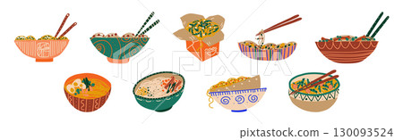 Noodles in Bowl and Cardboard Box with Chopstick Vector Set Noodles in Bowl and Cardboard Box with Chopstick Vector Set 130093524
