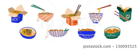 Noodles in Bowl and Cardboard Box with Chopstick Vector Set 130093525