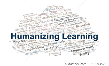 Humanizing Learning Word Cloud. Key Concepts On Education, Empathy, Equity, Collaboration, And Student-Centered Approaches To Build Meaningful Educational Experiences. 130093528