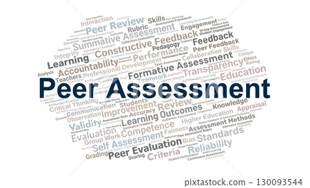 Peer Assessment Word Cloud. Key Concepts On Evaluation, Feedback, Review, Learning, Collaboration, And Educational Development In Academic And Professional Contexts. Peer Assessment Word Cloud. Key Concepts On Evaluation, Feedback, Review, Learning, Collaboration, And Educational Development In Academic And Professional Contexts. 130093544