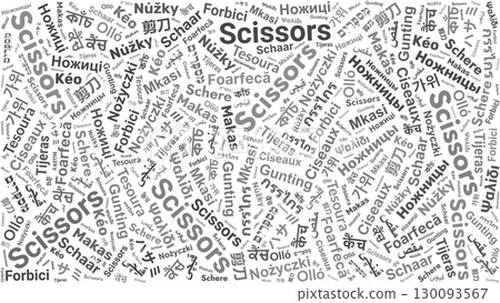 Scissors word cloud in multiple languages diagonal gray text on white background for poster, label, infographic, or presentation Scissors word cloud in multiple languages diagonal gray text on white background for poster, label, infographic, or presentation 130093567