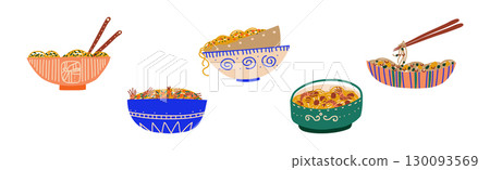 Noodles in Bowl with Chopstick Vector Set 130093569