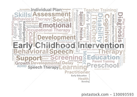 Early Childhood Intervention Word Cloud. Key Concepts On Development, Education, Family Support, Therapy, Inclusion, And Developmental Health Strategies. 130093593