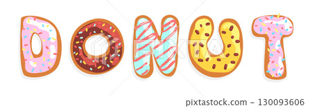 Donut Font with Sweet Sugar Glazing and Sprinkles Vector Set Donut Font with Sweet Sugar Glazing and Sprinkles Vector Set 130093606