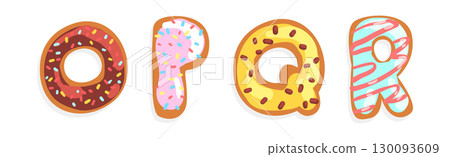Donut Font with Sweet Sugar Glazing and Sprinkles Vector Set 130093609