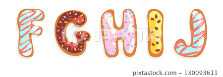 Donut Font with Sweet Sugar Glazing and Sprinkles Vector Set Donut Font with Sweet Sugar Glazing and Sprinkles Vector Set 130093611