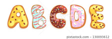 Donut Font with Sweet Sugar Glazing and Sprinkles Vector Set Donut Font with Sweet Sugar Glazing and Sprinkles Vector Set 130093612