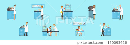 Man and Woman Scientists at Science Lab Conduct Chemical Research Vector Set Man and Woman Scientists at Science Lab Conduct Chemical Research Vector Set 130093616