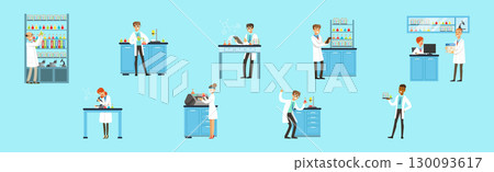 Man and Woman Scientists at Science Lab Conduct Chemical Research Vector Set Man and Woman Scientists at Science Lab Conduct Chemical Research Vector Set 130093617