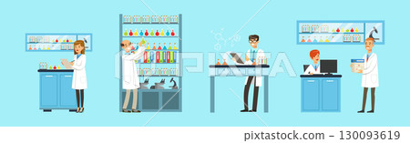 Man and Woman Scientists at Science Lab Conduct Chemical Research Vector Set 130093619