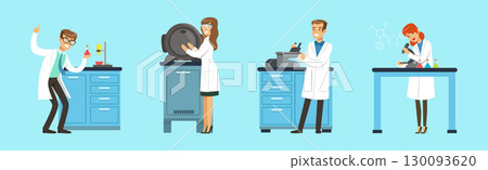 Man and Woman Scientists at Science Lab Conduct Chemical Research Vector Set Man and Woman Scientists at Science Lab Conduct Chemical Research Vector Set 130093620